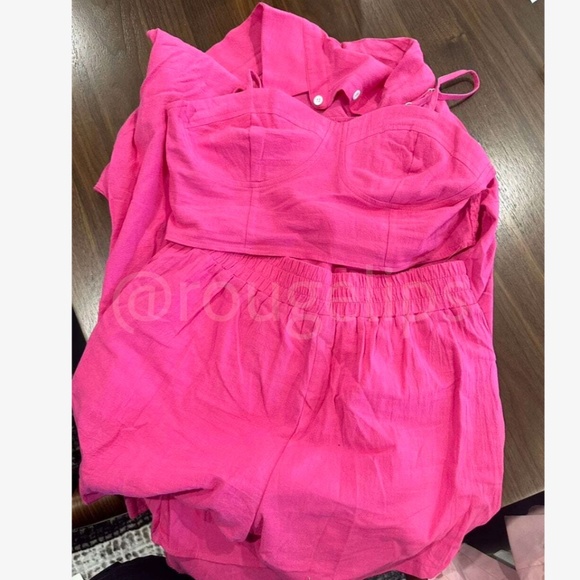 Shorts Set: Cami Crop Top, Button Up Shirt & Shorts in Hot Pink - Picture 8 of 8